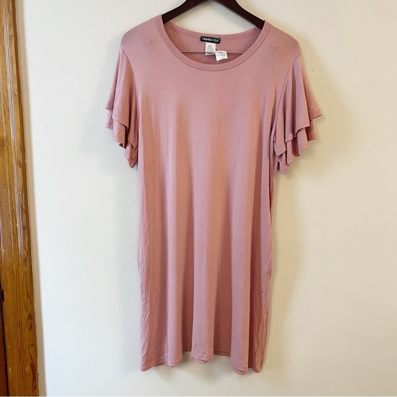 Heimish USA Pink Shirt Dress Pullover Jersey Stretch Ruffle Short Sleeves Small - Picture 1 of 8